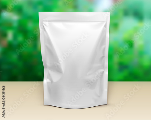 Mockup Pouch Sachet Stand Up Bag Food Flexible Snack Pack. Blank Mock Up Template On Table. Green Summer Garden Background. Ready For Your Design. Product Packaging. Vector EPS10
