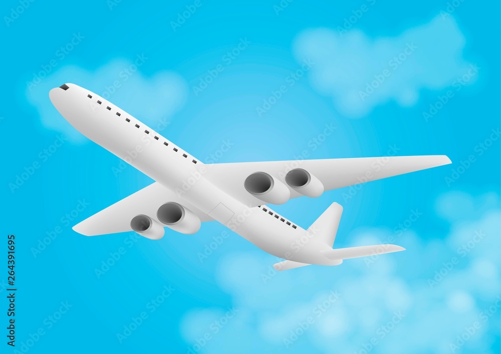 Flat icon of flying airplane with clouds on blue sky. Flat icon of flying airplane with clouds on blue sky.