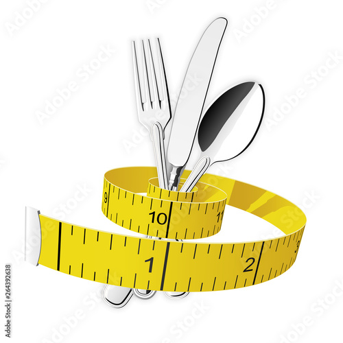 Diet and lose weight concept - measuring tape tighten fork, spoon and knife