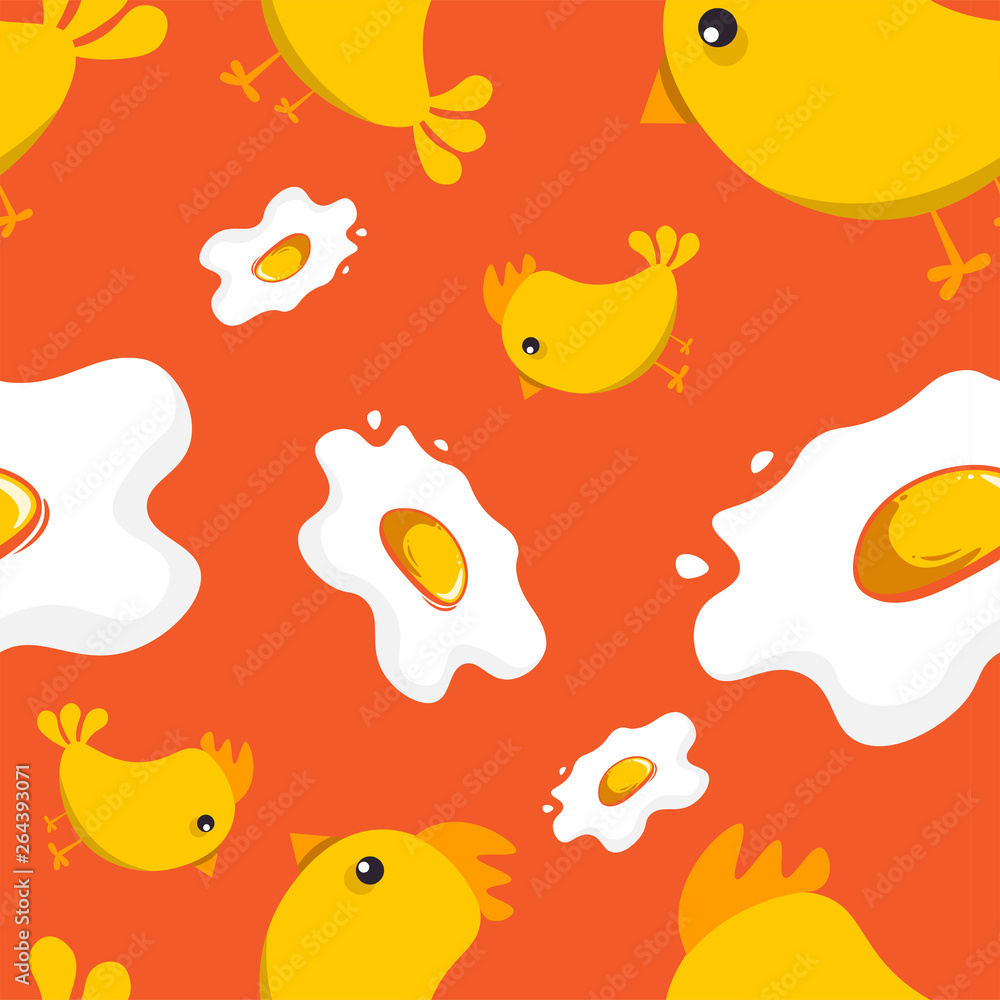 Seamless pattern with eggs and cute little chicken