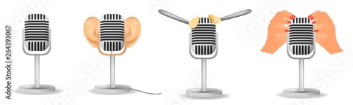 Set special microphone with the ears for ASMR isolated on white background, cosmetic brushes. Realistic 3D illustration for template decoration or for cover vlog.