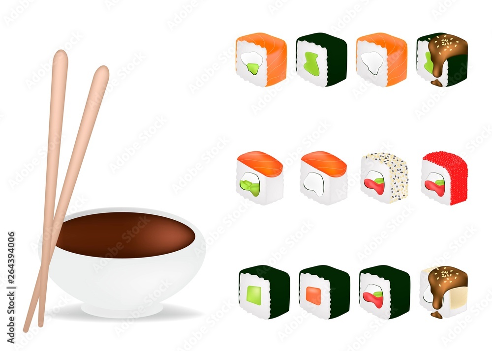 Food set with sushi and rolls, chopsticks, soy sauce in white sauceboat isolated vector illustration. Realistic conсept. Food set with sushi and rolls, chopsticks, soy sauce in white sauceboat isolated vector illustration. Realistic conсept.