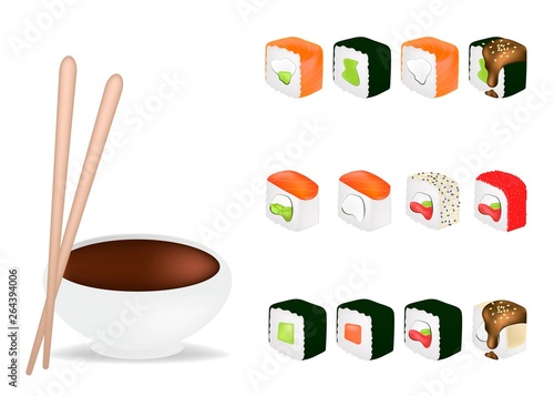 Food set with sushi and rolls  chopsticks  soy sauce in white sauceboat isolated vector illustration. Realistic con  ept.