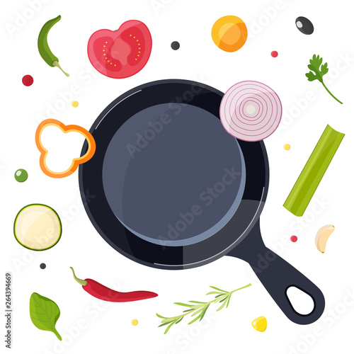 Cooking Process. Food and Pan. Design for Cafe, Restaurant, Cooking class or Home Cooking.