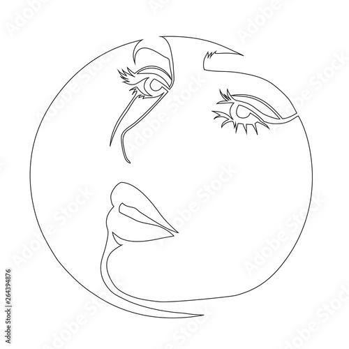 Fashion illustration of girl. Continuous line drawing of female face, minimalism, make-up, woman beauty, vector illustration for t-shirt design, print graphics style. Tattoo, logo. Woman's portrait.