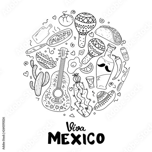 Coloring Page,Book and Antistress freehand sketch.Viva Mexico hand lettering.Vector calligraphy with mexican sombrero,bottle tequila,maraca.Used for greeting card, poster design.Vector illustration
