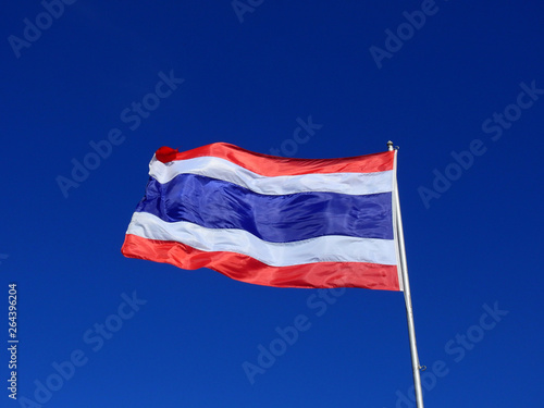 Thailand flag on pole against blue sky