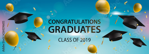 Congratulations Graduates 2019, caps, balloons and confetti on a blue sky background. Caps thrown up. Celebration background, vector illustration.