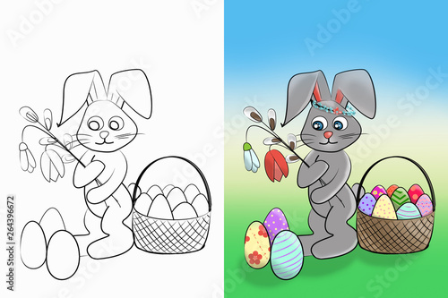 Easter coloring. Black and white raster illustration and colorful illustration coloring book for kids.