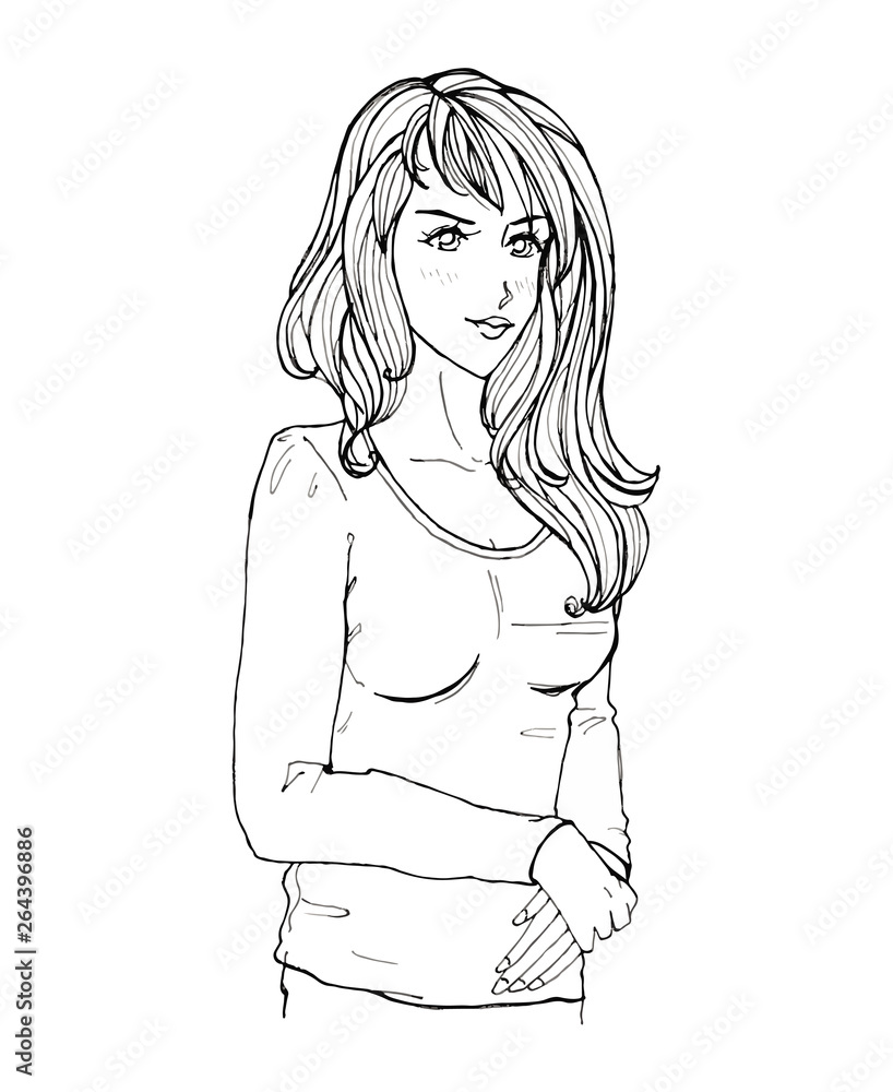 Modern girl black and white manga anime minimalistic style isolated sketch line art Modern girl black and white manga anime minimalistic style isolated sketch line art