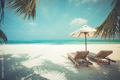 Fototapeta Naklejka Na Ścianę i Meble -  Tranquil beach scene. Exotic tropical beach resort, landscape for background or wallpaper. Design of summer vacation holiday concept.