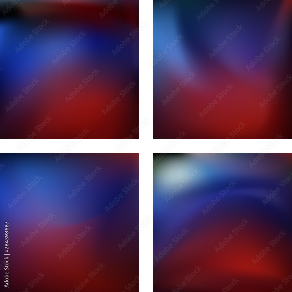 Set with abstract blurred backgrounds. Vector illustration. Modern geometrical backdrop. Abstract template. Red, brown, blue colors.