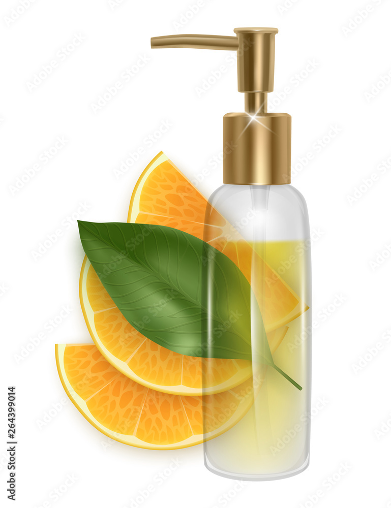 Slice of tangerine with a jar of oil on a white background, Bottle of essential aroma oil on orange slice, fresh leaves on white background, Vector EPS 10 illustration Slice of tangerine with a jar of oil on a white background, Bottle of essential aroma oil on orange slice, fresh leaves on white background, Vector EPS 10 illustration