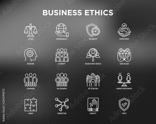 Business ethics thin line icons set: connection, union, trust, honesty, responsibility, justice, commitment, no to racism, teamwork, gender employment, core values. Modern vector illustration.