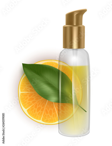 Slice of tangerine with a jar of oil on a white background, Bottle of essential aroma oil on orange slice, fresh leaves on white background, Vector EPS 10 illustration