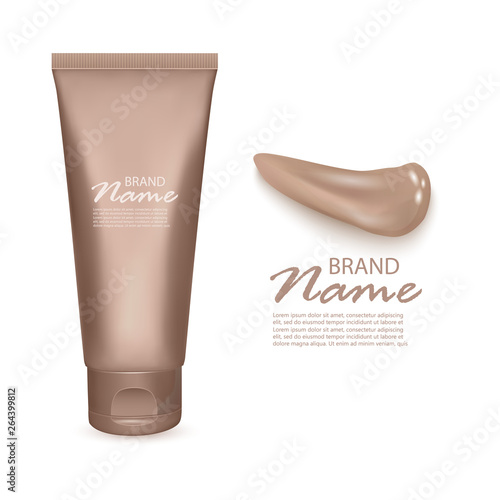 Tonal foundation cream, 3D bottle and tube Isolated on white background, illustration of realistic tone basis or tonal makeup cosmetic package and smudges for skincare product design template