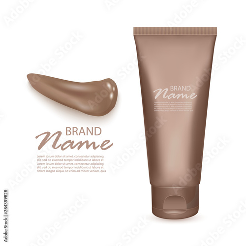 Tonal foundation cream, 3D bottle and tube Isolated on white background, illustration of realistic tone basis or tonal makeup cosmetic package and smudges for skincare product design template