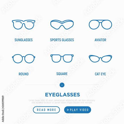 Eyeglasses thin line icons set: sunglasses, sport glasses, aviator, round, square. Modern vector illustration.