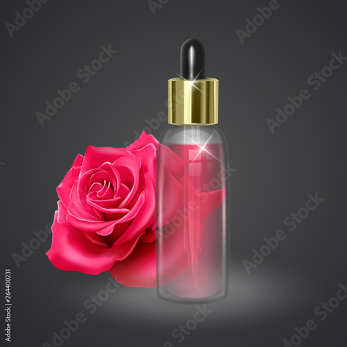 Jar with rose oil on the background of a red rose, realistic jar with pipette on dark background, 3D, vector illustration
