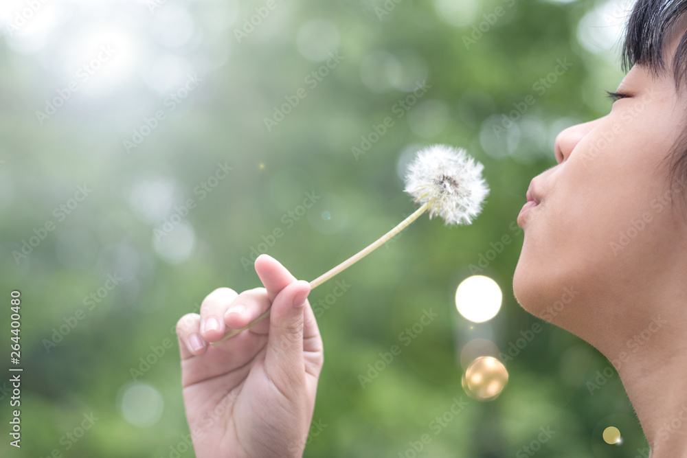 Asia child girl blowing dandelion with blur nature green tree background for May flower and summer season concept. Asia child girl blowing dandelion with blur nature green tree background for May flower and summer season concept.