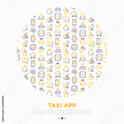 Taxi app concept in circle with thin line icons: payment method, promocode, app settings, info, support service, phone number, pointer, airport transfer, baby seat. Vector illustration for print media