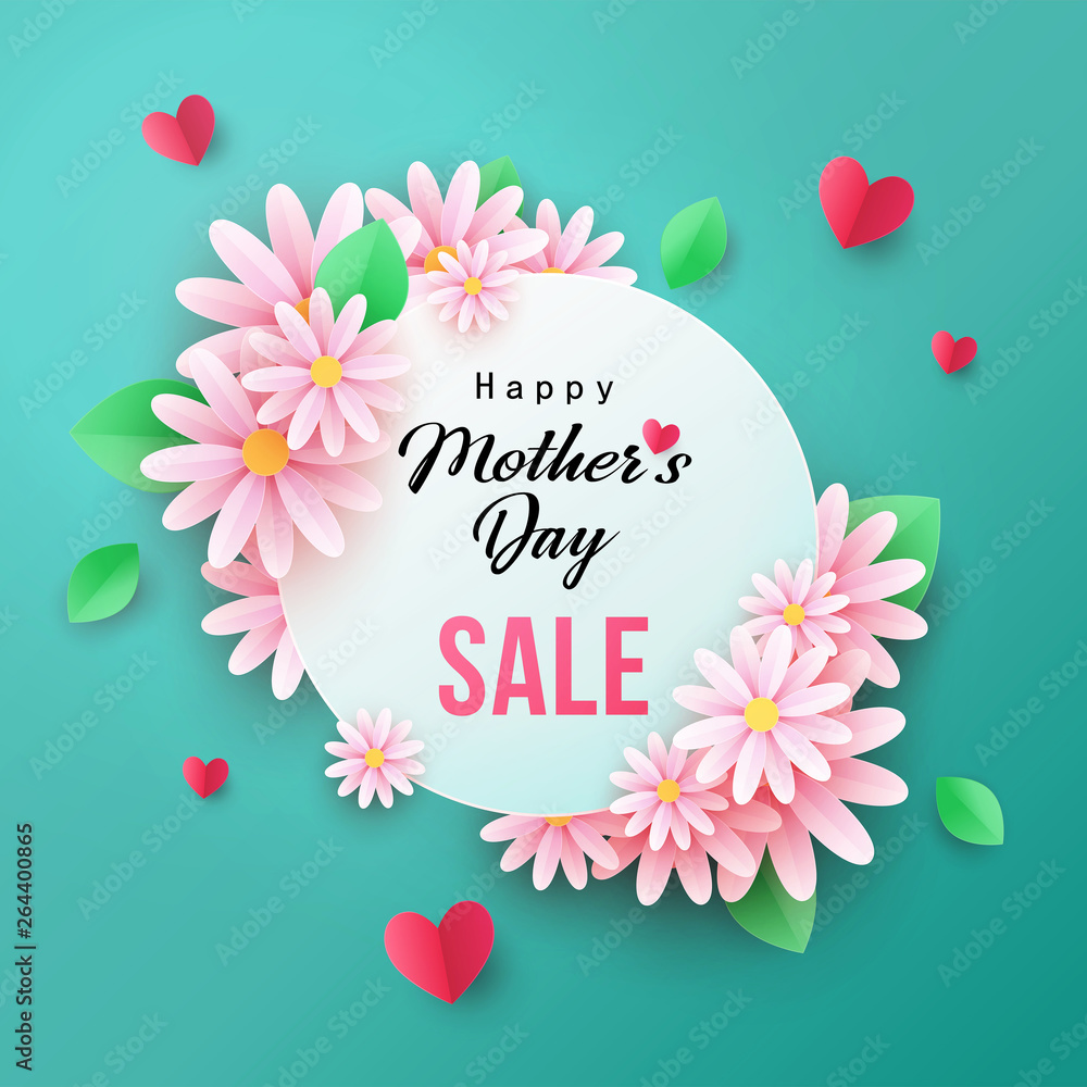 Нappy Mother's Day Sale background with beautiful chamomile flowers. Paper cut style. Spring holiday illustration for greeting card, banner, ad, promotion, poster, flyer, blog. Place for your text Нappy Mother's Day Sale background with beautiful chamomile flowers. Paper cut style. Spring holiday illustration for greeting card, banner, ad, promotion, poster, flyer, blog. Place for your text