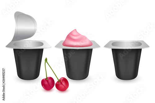 Set of realistic plastic packages with yogurt. Dairy sour cream with foil lid. Mockup of Black plastic pots with foil cover for yogurt and other products. Elements for ad poster, promo banner of food.