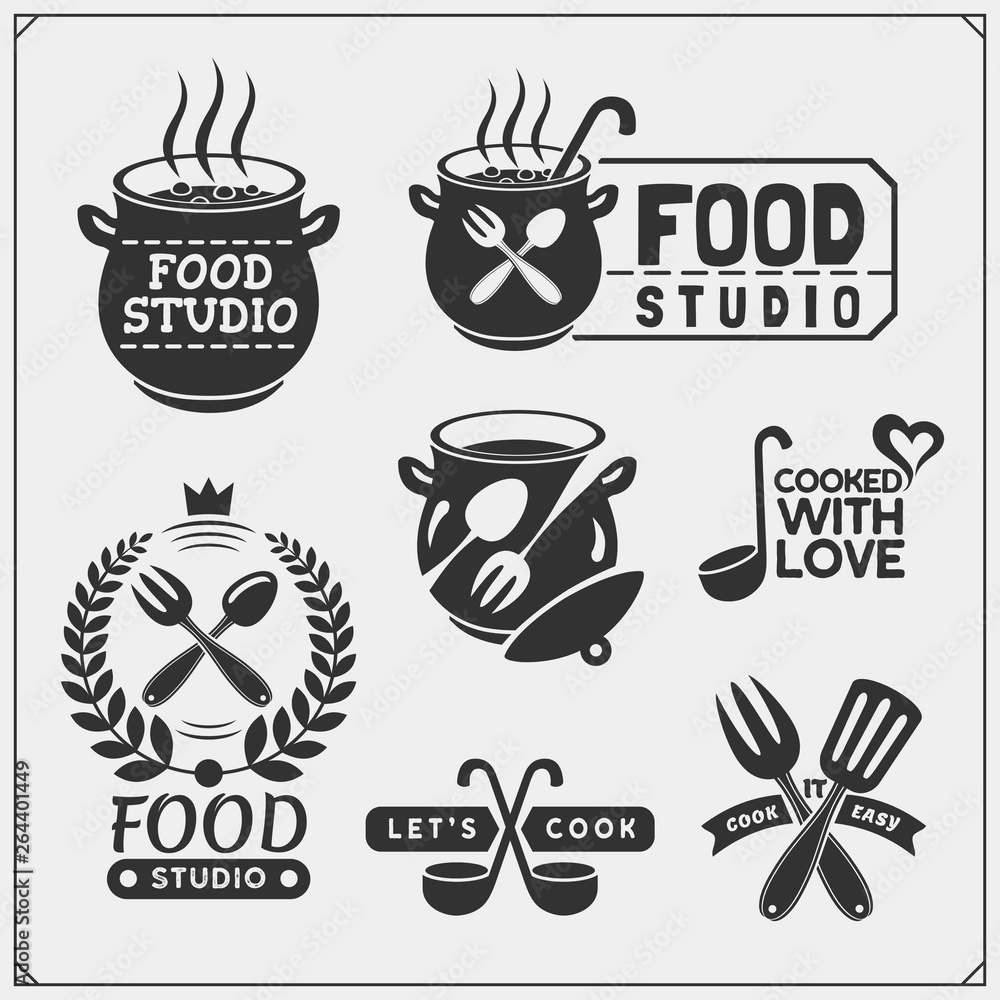 Set of vintage food studio emblems, labels and design elements. Cooking class, cooking courses, culinary school logos.