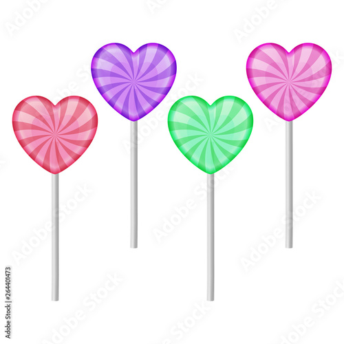 Set of 4 sweet realistic colorful lollipops on white background. Sweet lollipops of heart shape. Vector illustration.
