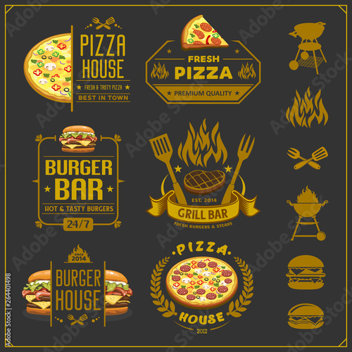 Burger, pizza and bbq emblems, labels and design elements. Fast food restaurant logo design template.