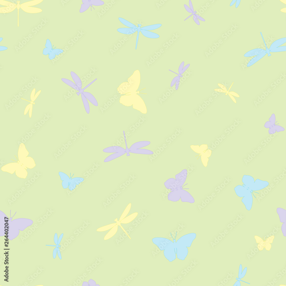 Summer seamless pattern with colorful butterflies and dragonflies. Vector.