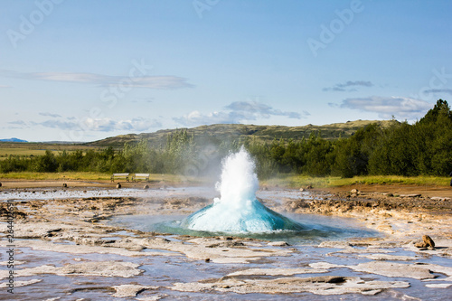 The process of the beginning of geyser eruptions in the Haukadalur valley, Geysir national park in Iceland. Geothermal source and alternative energy. Strokkur geyser eruption. Hot water bubble.
