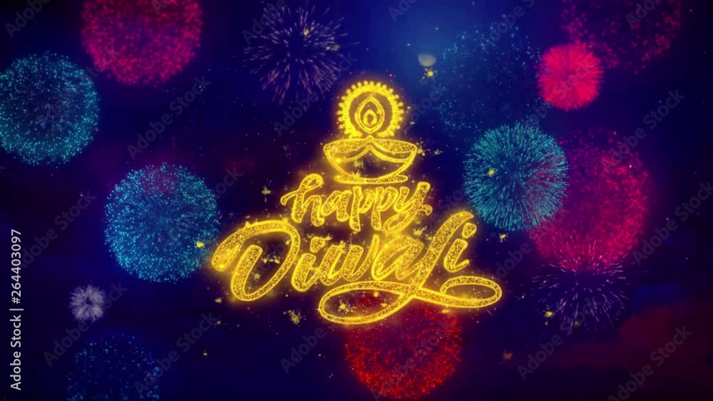 Happy Diwali Diya Greeting Text with Particles and Sparks Colored Bokeh Fireworks Display 4K. for Greeting card, Celebration, Party Invitation, calendar, Gift, Events, Message, Holiday, Wishes. Happy Diwali Diya Greeting Text with Particles and Sparks Colored Bokeh Fireworks Display 4K. for Greeting card, Celebration, Party Invitation, calendar, Gift, Events, Message, Holiday, Wishes.