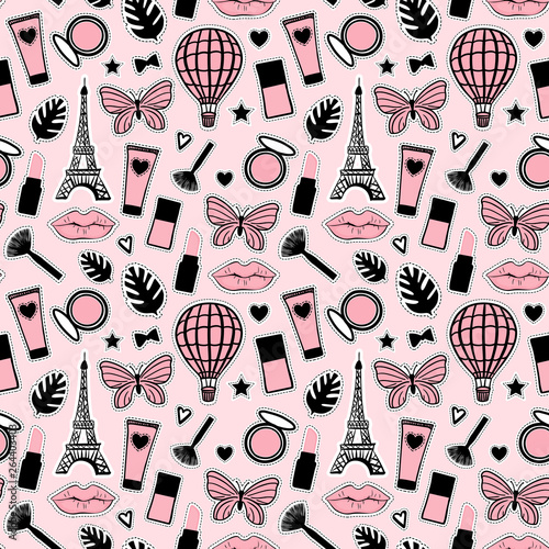Abstract Seamless pattern fashion style. Cosmetic hand drawing. Paris Eiffel Tower sign. Vector illustration girly stickers Cute pink