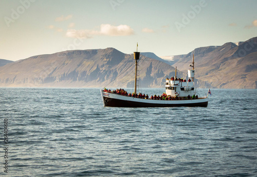 A fishing boat with a bunch of tourists during a whale watching tour in the middle of the Atlantic Ocean against the backdrop of mountains and blue sky near the town of Husavik in Iceland.