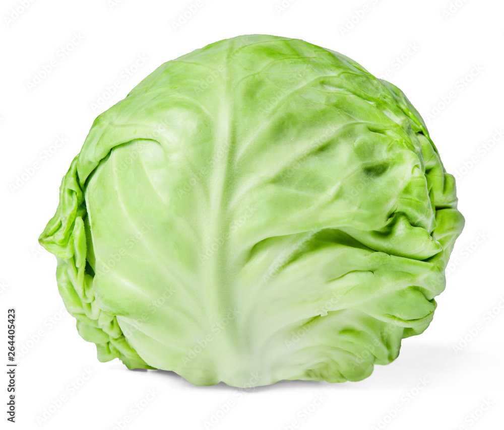 Fototapeta premium Head of fresh white cabbage isolated on white. Close-up. Side view.