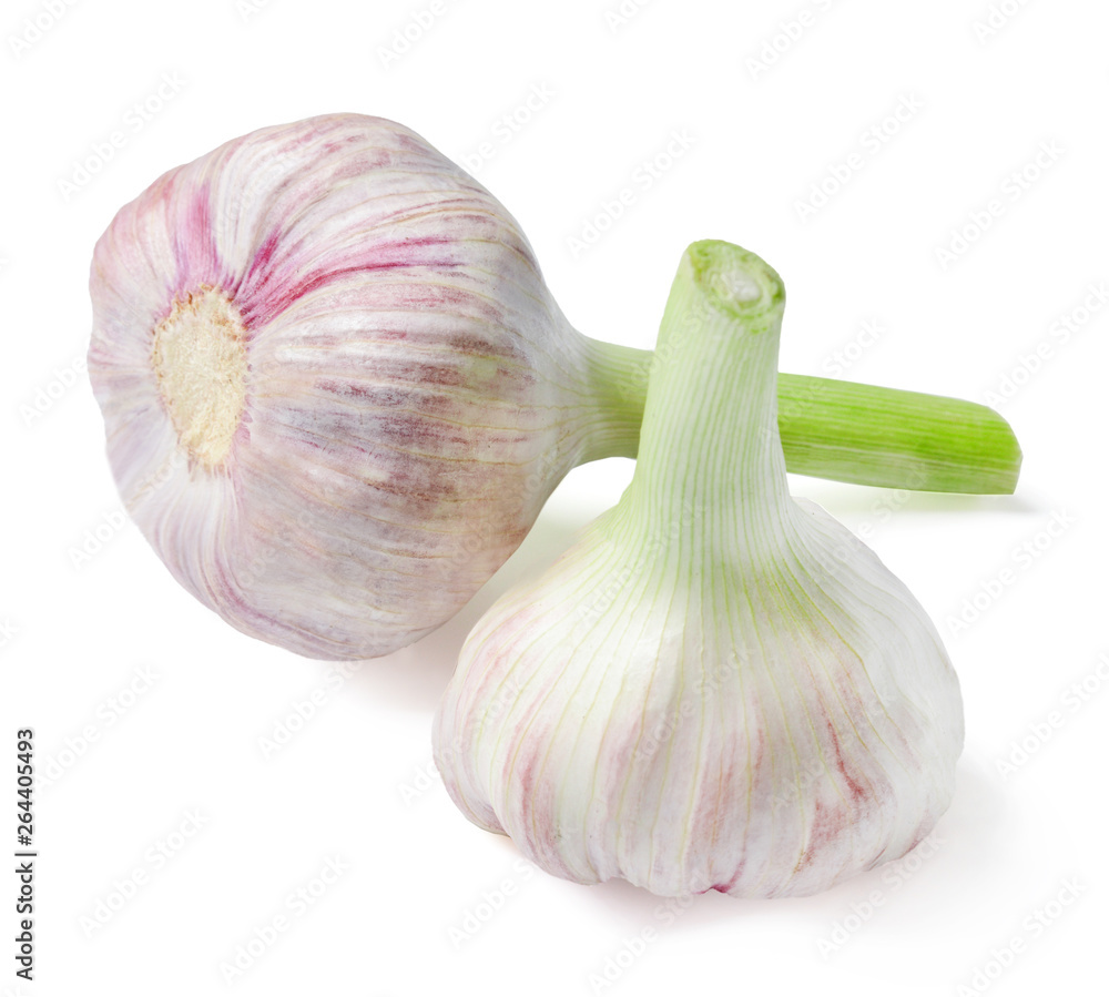 Obraz premium Two heads of early garlic on a white isolated background. Close-up. Side view from above.