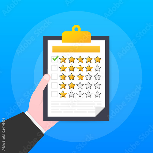 Tablet with a form for filling, online survey, checklist, choosing rating stars. Give rating on customer service. Vector illustration.