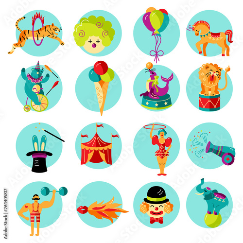 Circus. Vector illustration set with circus tent, animals, celebratory objects. Flat style design elements on background for baby birthday party, patch, sticker, icons, party props, cake toppers.