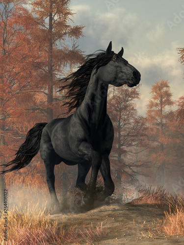 A dark coated horse with a black mane and tail gallops along a dusty road.  Behind it rises a small glade of trees with bright Autumn foliage. 3D Rendering