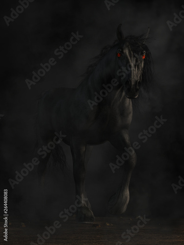 A black horse emerges from darkness.  It eyes glow red as it gazes upon you.  With it comes fear.  This dark horse is the Nightmare, the bringer of bad dreams. 3D Rendering © Daniel Eskridge