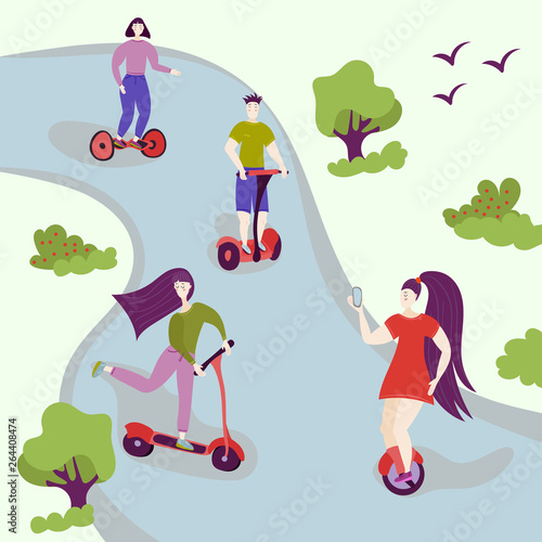 Active people in the park. Summer or spring outdoor city activity. Man and woman characters on hover board, segway, kick scooter. Flat design characters banner.
