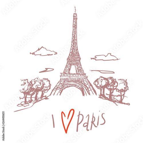 Travel Paris promo flyer. Greeting card. Eiffel tower. hand lettering i love Paris. Postcard with french landmarks sights. Travel concept postcard design for tourists in Paris  France. doodle scketch