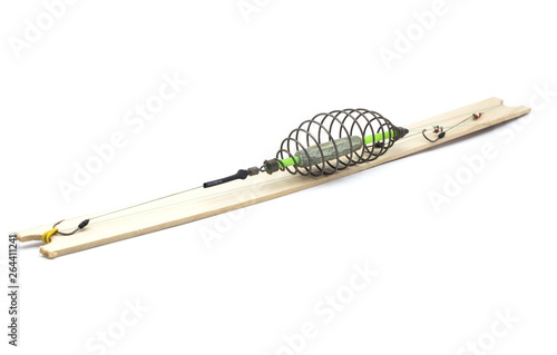 spiral cone feeders for fishing on a white background, isolate, close-up