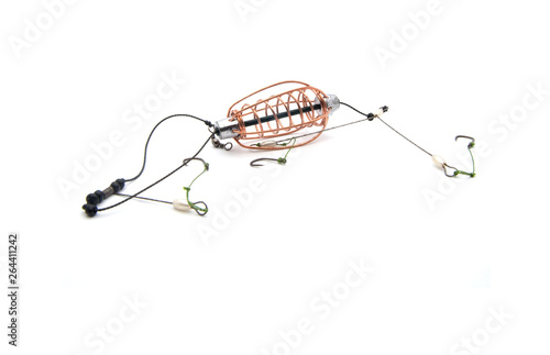 spiral cone feeders for fishing on a white background, isolate, close-up
