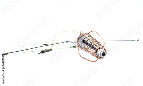 spiral cone feeders for fishing on a white background, isolate, close-up