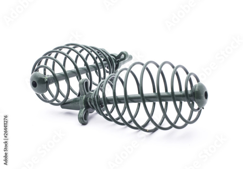 spiral cone feeders for fishing on a white background, isolate, close-up