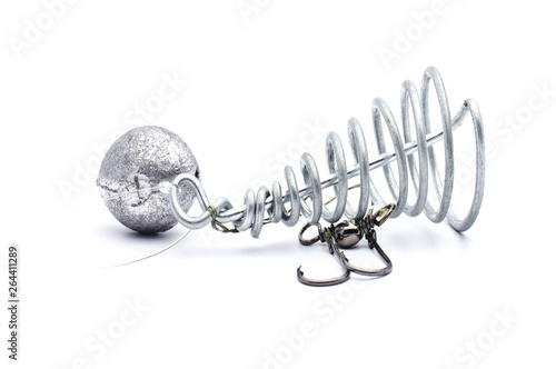 spiral cone feeders for fishing on a white background, isolate, close-up
