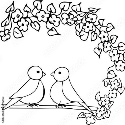 Loving birds sit on a flowering branch. Black and white illustration. Coloring page.