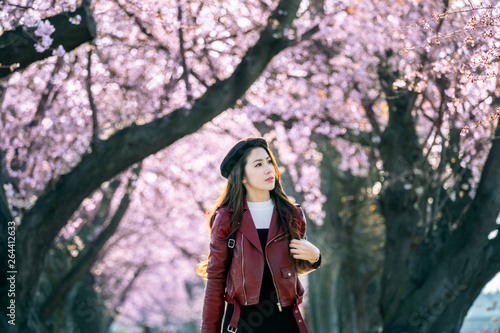 Photography Young woman walking in cherry blossom garden on a spring day